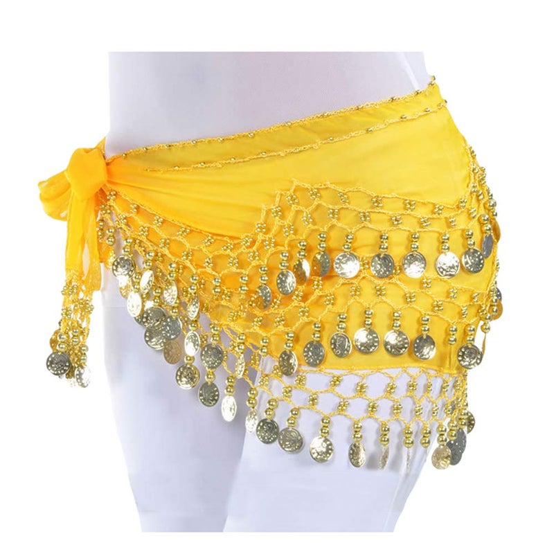 Lauthen.S 128 Coins Belly Dance Hip Scarf Tribal Belt Halloween Genie Costume Accessory Yellow - Image 2